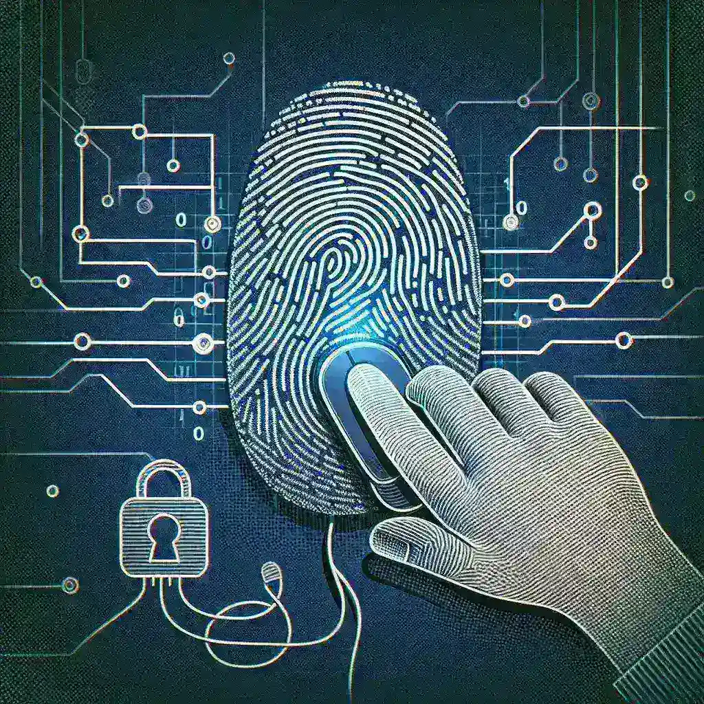 "Ilustrasi data biometrik yang disimpan secara daring, menggambarkan risiko privasi dan keamanan informasi pribadi di era digital."