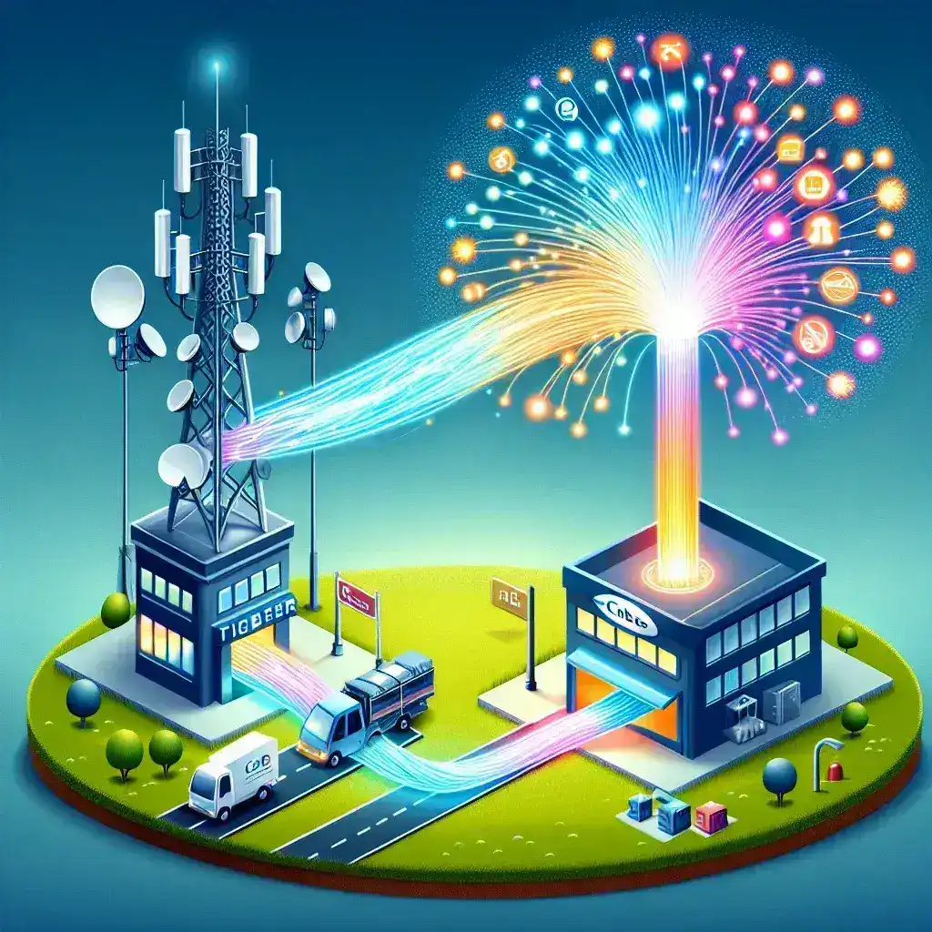 "Ilustrasi kesepakatan pembelian AT&T untuk bisnis fiber konsumen Lumen senilai $5,75 miliar, menampilkan logo AT&T dan Lumen dengan latar belakang fiber optik yang menggambarkan kecepatan internet."